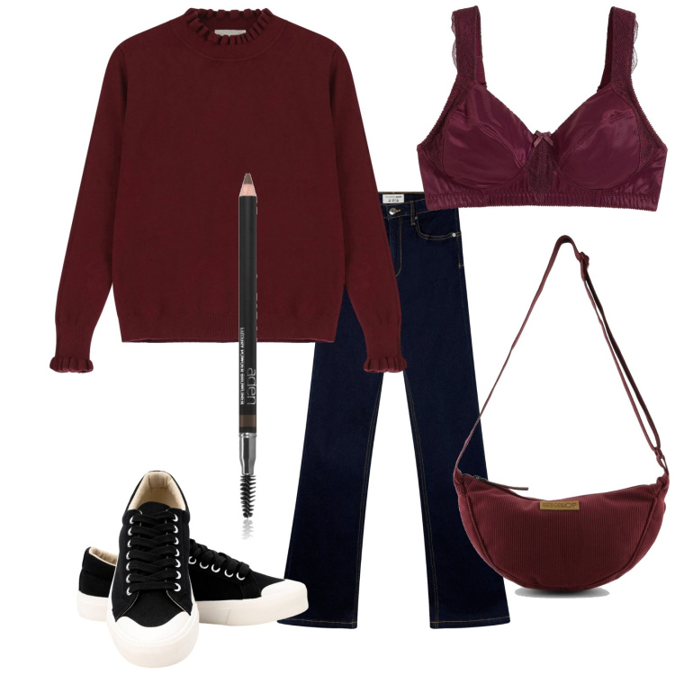 Outfit donna - Domani mattina. Stile Casual per Tutti i giorni. Abbinamento con reggiseni, eyeliner, jeans a zampa, maglieria, sneakers, borse a tracolla.