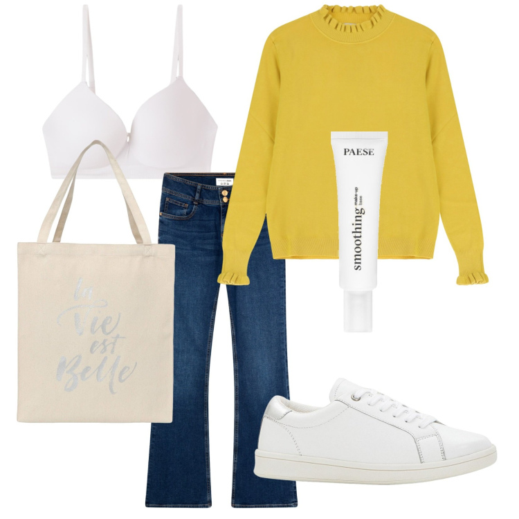 Outfit donna - Basic quotidiano. Stile Casual per Tutti i giorni. Abbinamento con sneakers, primer, borse tote, jeans a zampa, reggiseni a balconcino, maglieria.