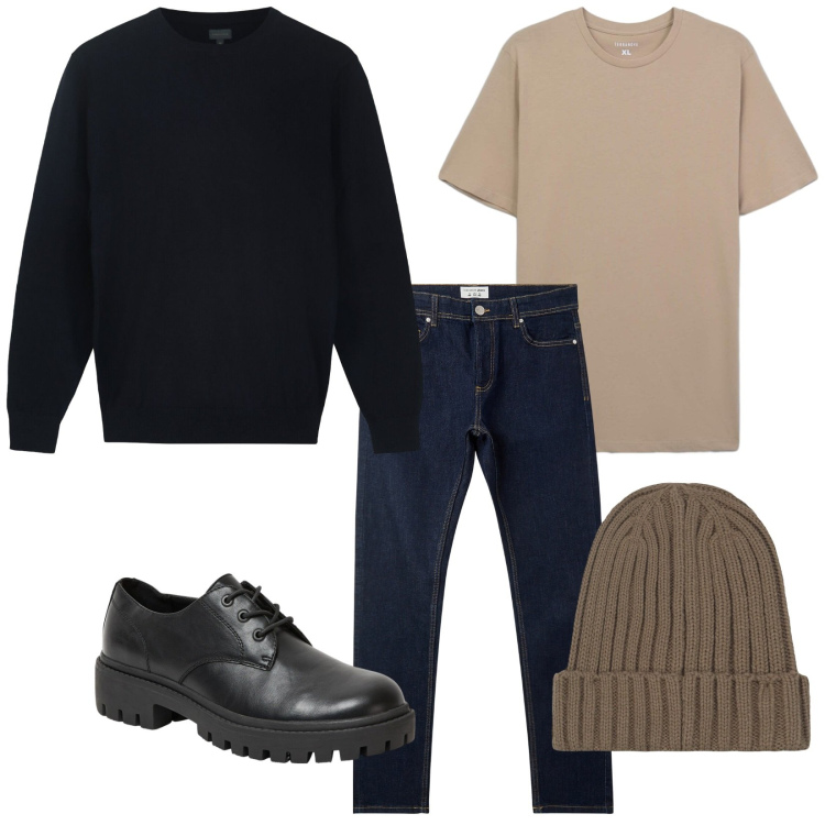 Outfit uomo - Total look #2263536. Stile Casual per Tutti i giorni. Abbinamento con scarpe stringate, jeans skinny, t-shirt, maglieria, berretti.
