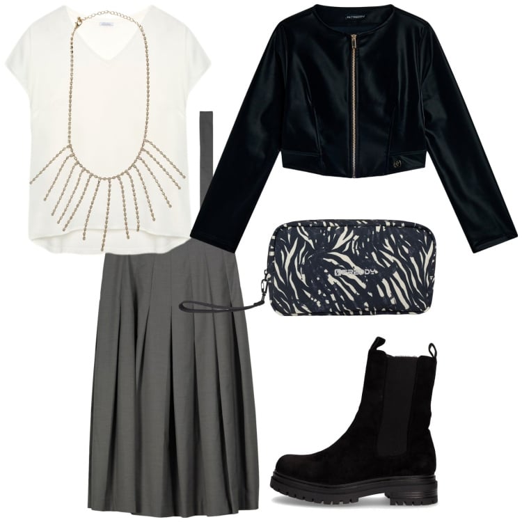 Outfit donna - L\'ufficio in ottobre. Stile Casual chic per Tutti i giorni. Abbinamento con collane, blazer, valigie, gonne lunghe, stivaletti chelsea, bluse.
