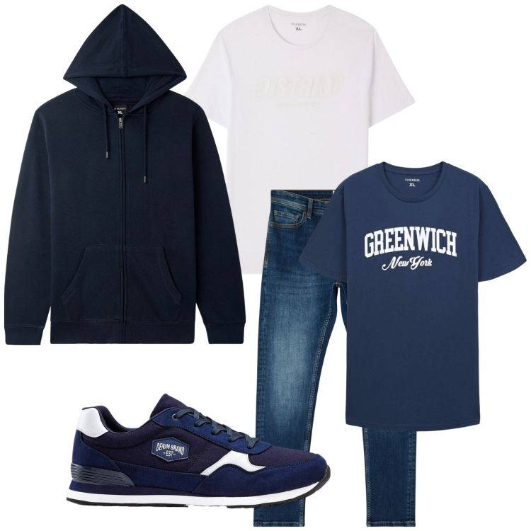 Outfit uomo - Total look #2263544. Stile Urban per Tutti i giorni. Abbinamento con sneakers, jeans skinny, felpe con cappuccio, t-shirt sportive, t-shirt.