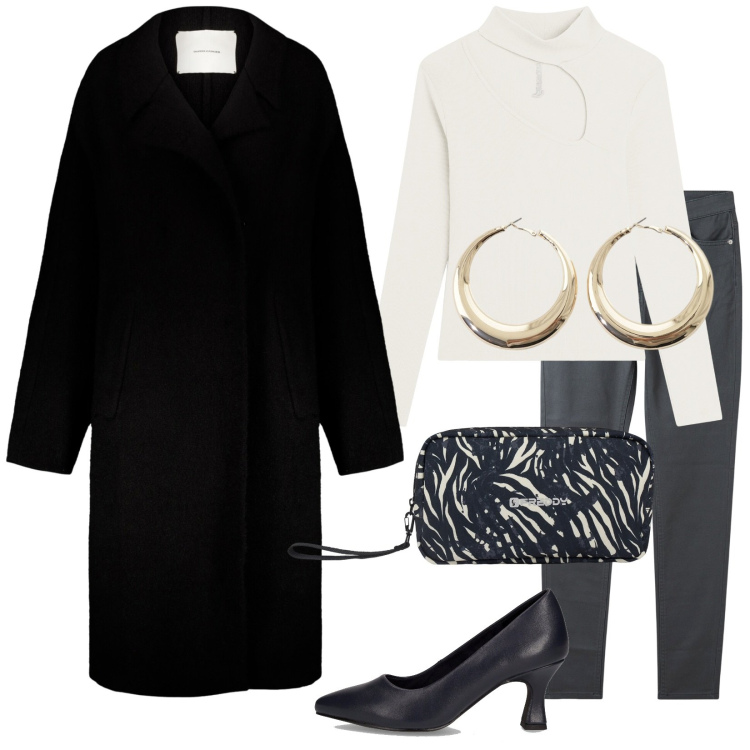 Outfit donna - Cappotto in saldi!. Stile Trendy per Serata fuori. Abbinamento con pantaloni skinny, orecchini, maglieria, valigie, cappotti, décolleté.