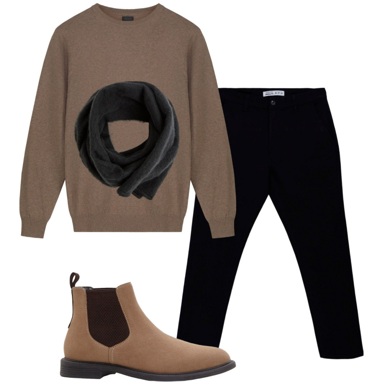 Outfit uomo - Minimal in città. Stile Urban per Tutti i giorni. Abbinamento con stivali e stivaletti, sciarpe e foulard, pantaloni chino, maglieria.