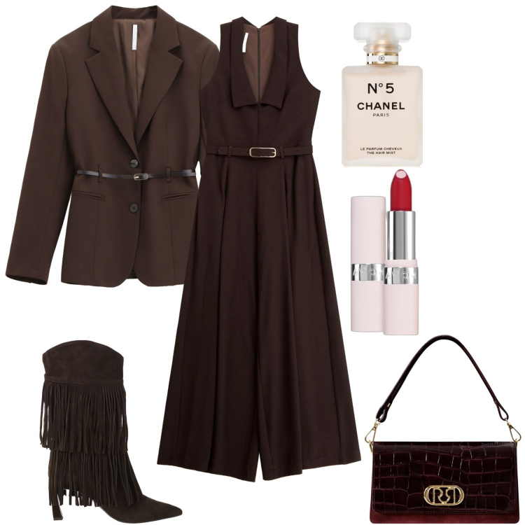 Outfit donna - Total look #2263568. Stile Chic per Serata fuori. Abbinamento con profumi, rossetti, borse a mano, tute, blazer, stivali.
