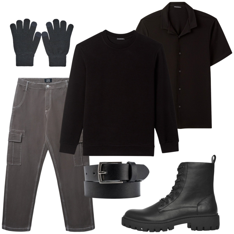 Outfit uomo - Ottobre in città. Stile Urban per Tutti i giorni. Abbinamento con anfibi, pantaloni cargo, camicie a manica corta, maglieria, guanti, cinture.