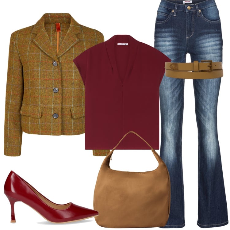 Outfit donna - Il sapore dell\'autunno. Stile Vintage retrò per Tutti i giorni. Abbinamento con jeans bootcut, bluse, borse a mano, blazer, cinture, décolleté.