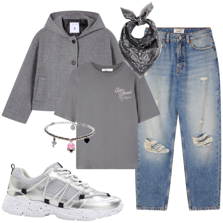 Outfit donna - Urban style. Stile Urban per Tutti i giorni. Abbinamento con sneakers, foulard, jeans mom, caban, t-shirt, braccialetti.