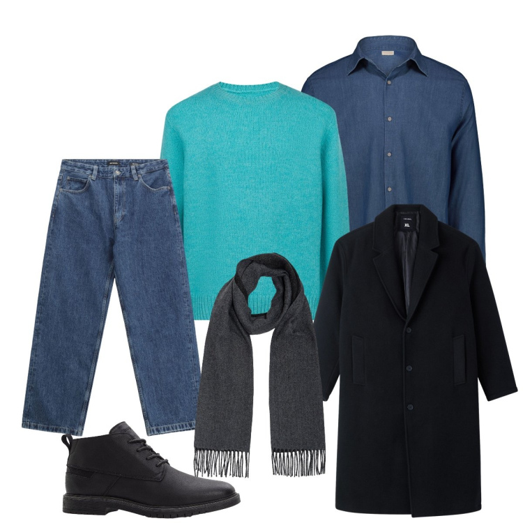 Outfit uomo - Il pull turchese. Stile Business/Elegante per Ufficio. Abbinamento con stivali e stivaletti, cappotti, jeans, camicie, sciarpe, maglieria.