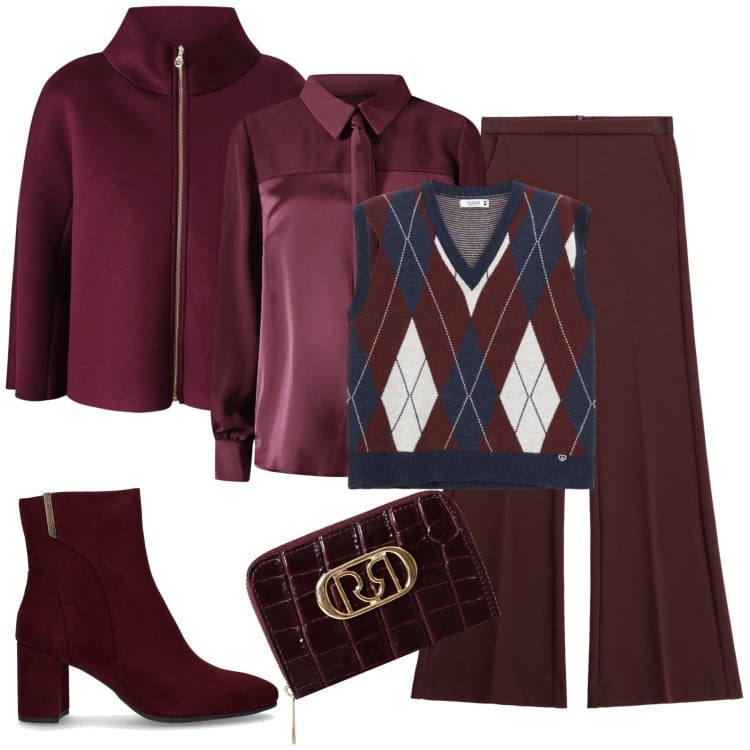 Outfit donna - Preppy in ufficio. Stile Preppy per Ufficio. Abbinamento con gilet, cappe, camicie, portafogli, pantaloni, stivaletti.