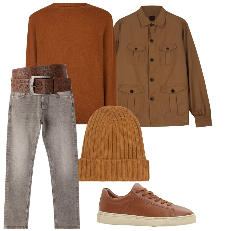 Outfit uomo - Tutto in gradazione. Stile Casual per Ufficio. Abbinamento con cinture, sneakers, jeans, maglieria, cappotti, berretti.