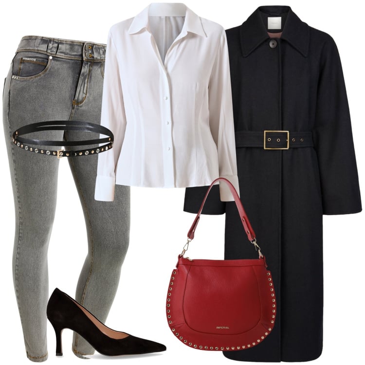Outfit donna - Bon ton in ufficio. Stile Bon Ton per Ufficio. Abbinamento con cinture, camicie, borse a spalla, jeans skinny, cappotti, décolleté.