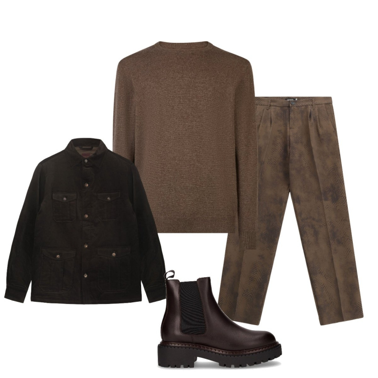Outfit uomo - In città. Stile Trendy per Tutti i giorni. Abbinamento con pantaloni, maglieria, stivali e stivaletti, cappotti.