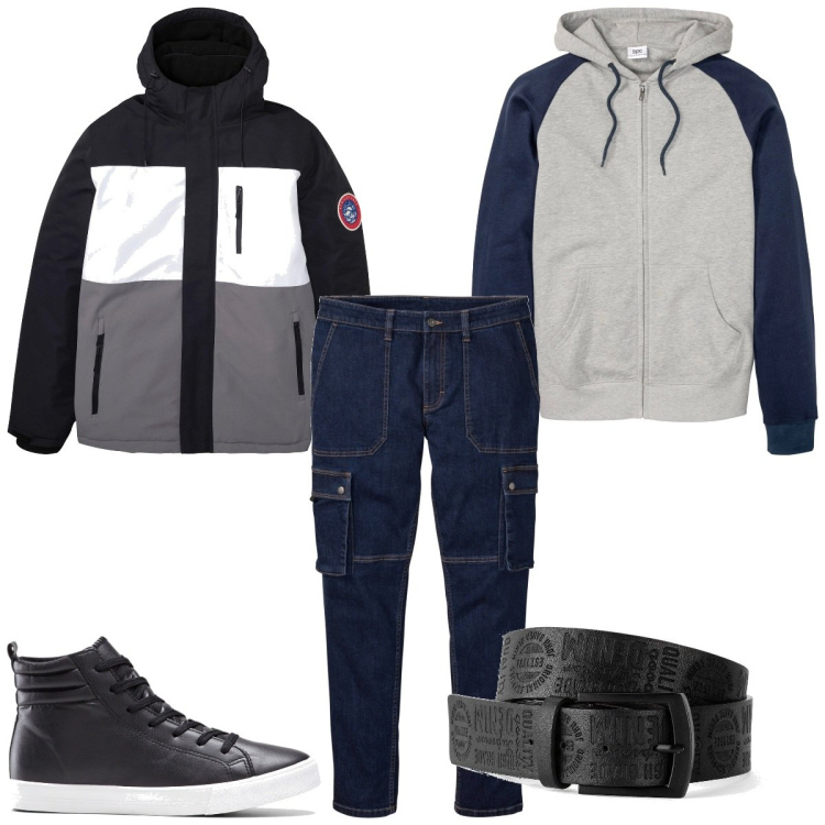 Outfit homme - Tendance #6099. Style Tendance pour Tous les jours. Assortir avec jeans, ceintures, sneakers hautes, sweats à capuche, manteaux.