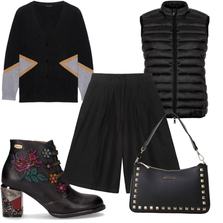 Outfit donna - Total look #2263626. Stile Trendy per Tutti i giorni. Abbinamento con pochette, piumini, bermuda, stivaletti, cardigans.