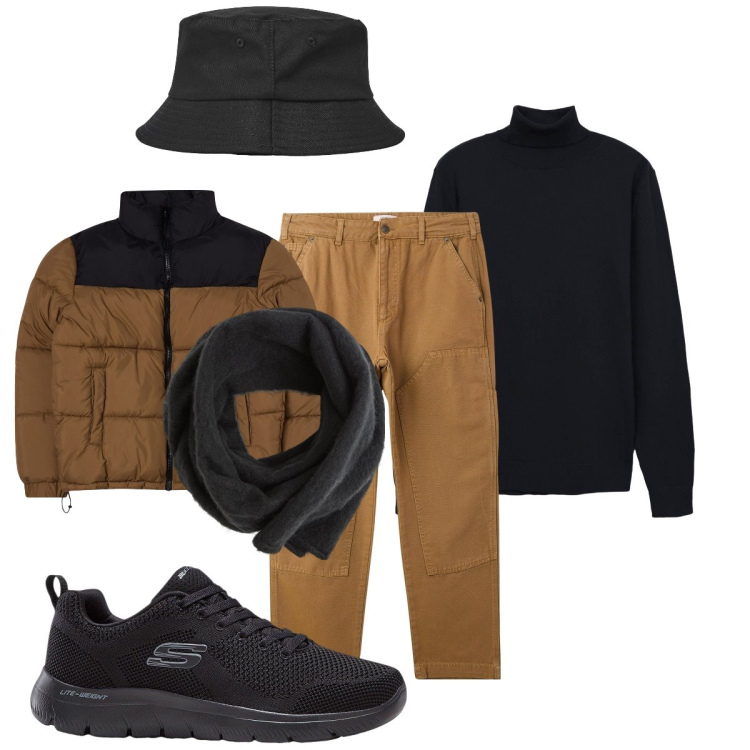 Outfit uomo - Giornata di ottobre. Stile Urban per Tutti i giorni. Abbinamento con sneakers, giacche, sciarpe e foulard, pantaloni, cappelli con visiera, maglieria.