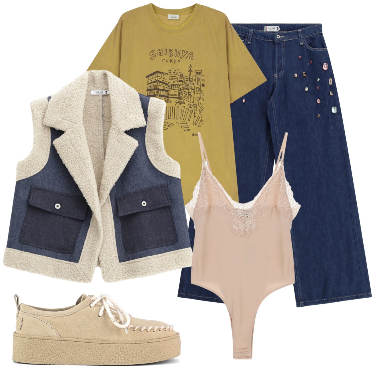 Outfit donna - Total look #2263662. Stile Casual per Tutti i giorni. Abbinamento con gilet, jeans, body, t-shirt, mocassini.