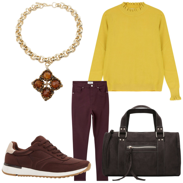 Outfit donna - Operativa. Stile Sporty chic per Ufficio. Abbinamento con sneakers, pantaloni skinny, borse a mano, collane, maglieria.
