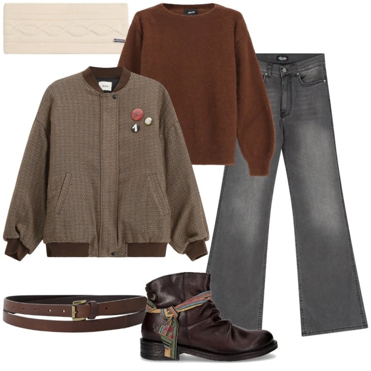 Outfit donna - Urban style. Stile Mannish per Tutti i giorni. Abbinamento con bomber, jeans a zampa, cinture, pullovers, accessori per capelli, stivaletti chelsea.
