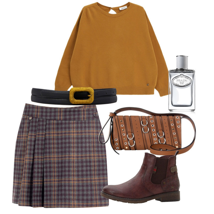 Outfit donna - Fall is coming. Stile Preppy per Tutti i giorni. Abbinamento con stivaletti chelsea, profumi, maglieria, minigonne, borse a spalla, cinture.