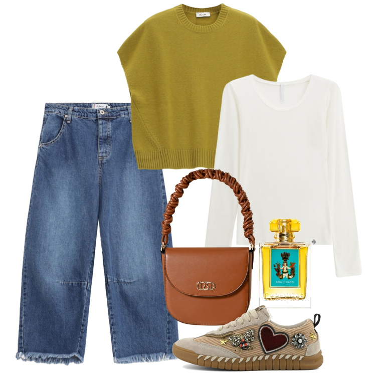 Outfit donna - Ottobre. Stile Casual chic per Tutti i giorni. Abbinamento con profumi, jeans, borse a mano, t-shirt, maglieria, sneakers.