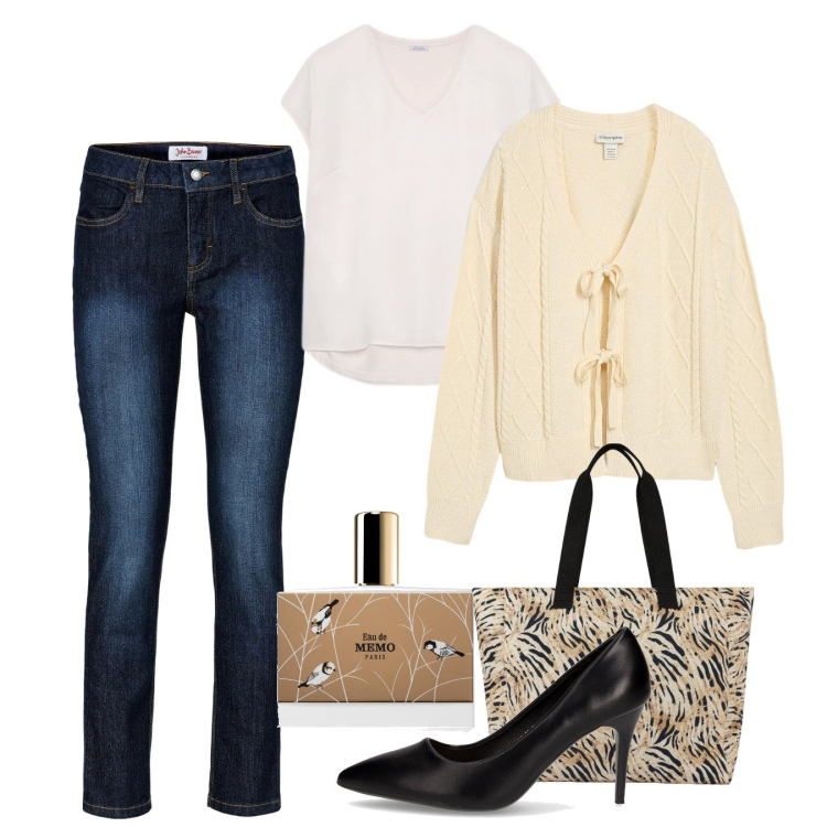 Outfit donna - Ottobre. Stile Casual chic per Tutti i giorni. Abbinamento con cardigans, jeans slim fit, profumi, shopping bag, bluse, décolleté.