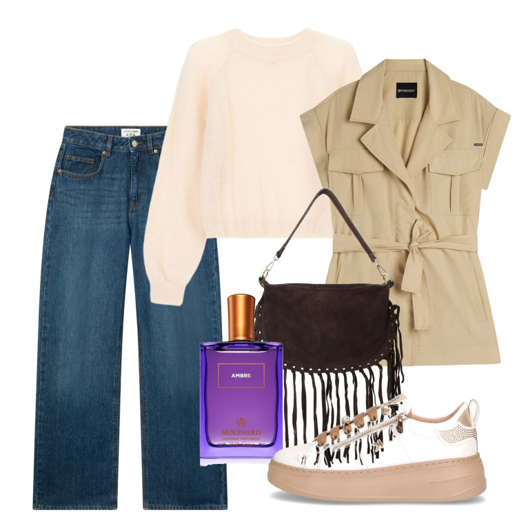 Outfit donna - Autunno. Stile Casual per Tutti i giorni. Abbinamento con profumi, jeans, maglieria, trench, borse a tracolla, sneakers.