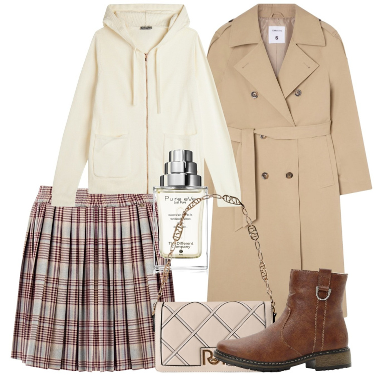 Outfit donna - Ottobre tartan. Stile Preppy per Tutti i giorni. Abbinamento con stivaletti, profumi, trench, borse a tracolla, minigonne, maglieria.
