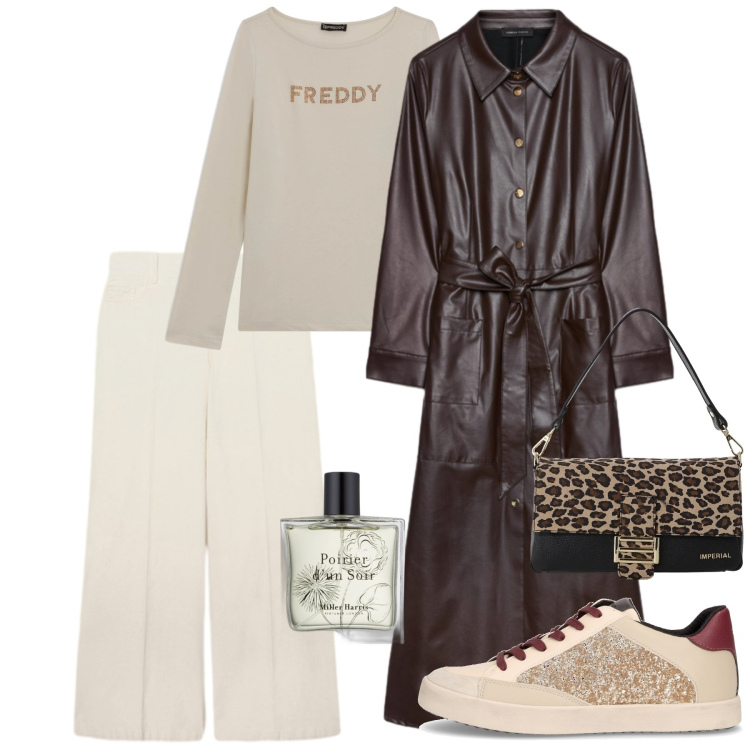 Outfit donna - Il trench cacao. Stile Urban per Tutti i giorni. Abbinamento con profumi, borse a spalla, t-shirt, vestiti chemisier, sneakers, pantaloni a palazzo.