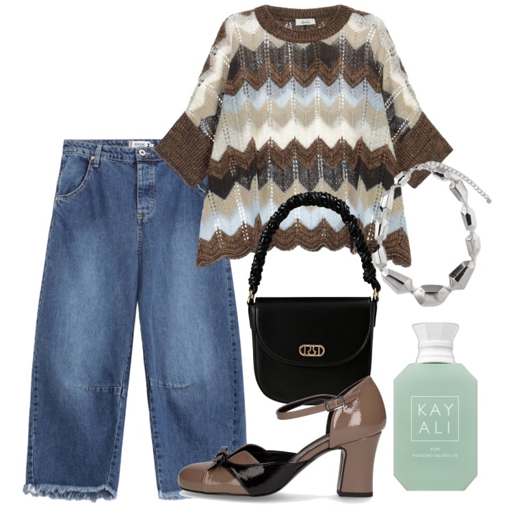 Outfit donna - Chevron chic. Stile Casual chic per Tutti i giorni. Abbinamento con profumi, borse a mano, jeans, maglieria, décolleté, ciondoli.