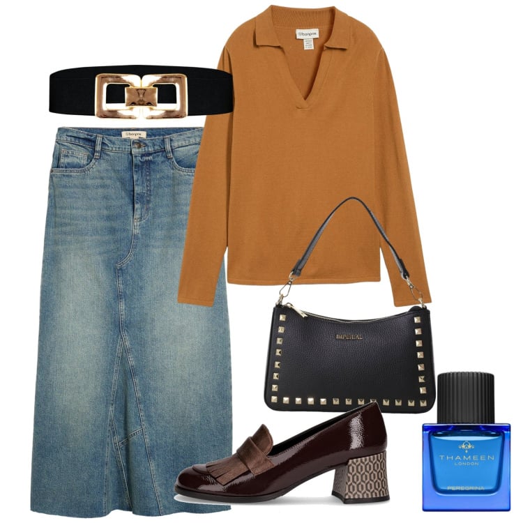 Outfit donna - Denim ad ottobre. Stile Bon Ton per Ufficio. Abbinamento con gonne, polo, profumi, cinture, pochette, mocassini.