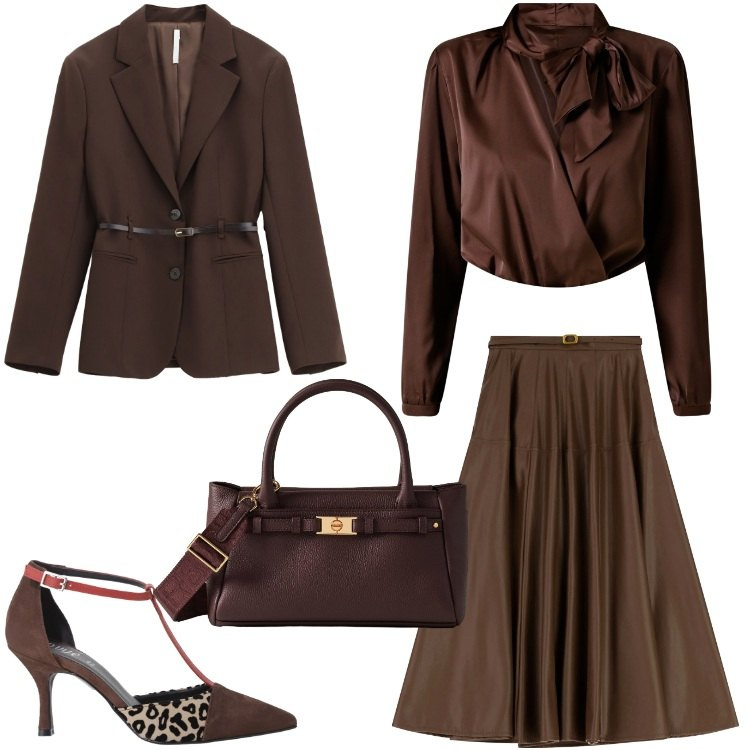 Outfit donna - Cioccolato must di stagione. Stile Chic per Cerimonia. Abbinamento con body, gonne lunghe, blazer, décolleté, borse a mano.