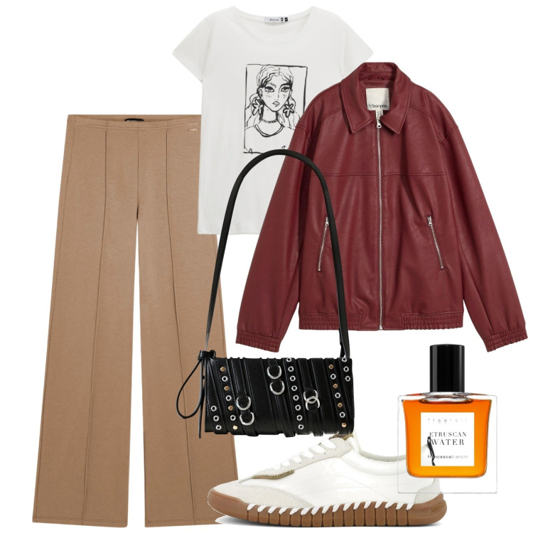 Outfit donna - Ottobre. Stile Casual per Tutti i giorni. Abbinamento con blazer, profumi, t-shirt, borse a spalla, pantaloni, sneakers.