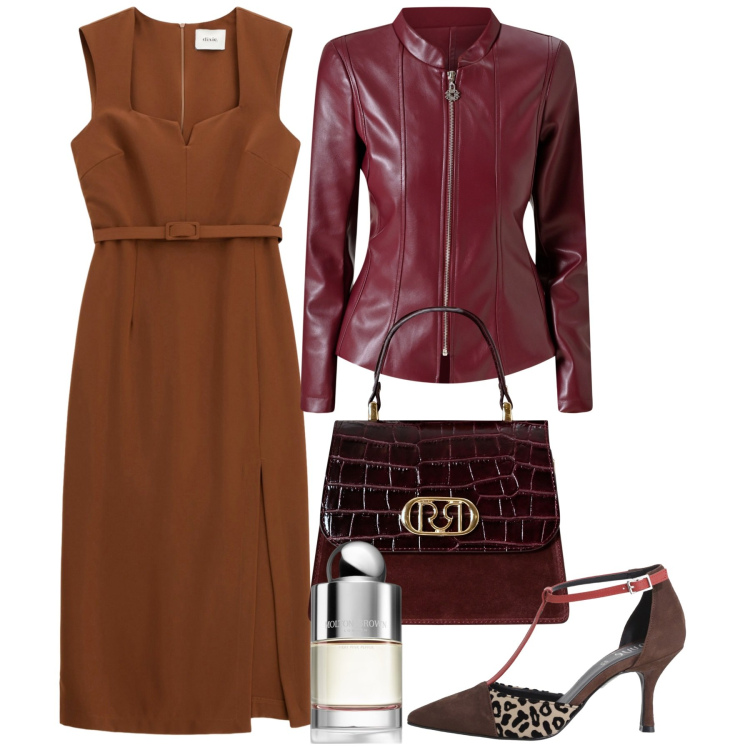 Outfit donna - Ottobre burgundy. Stile Chic per Ufficio. Abbinamento con profumi, blazer, borse a mano, vestiti midi/longuette, décolleté.