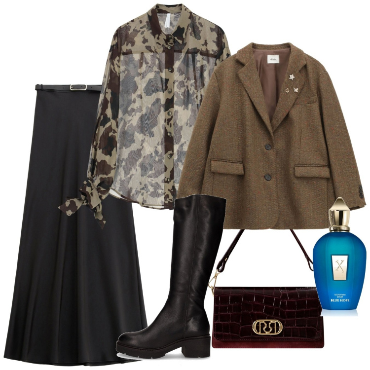 Outfit donna - Tonalità terra. Stile Bon Ton per Ufficio. Abbinamento con profumi, borse a mano, gonne lunghe, camicie, blazer, stivali.