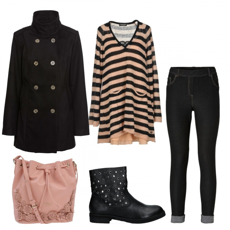 Outfit donna - Maxi maglia. Stile Trendy per Tutti i giorni. Abbinamento con jeggings, caban, borsa a tracolla secchiello con strass taglia media con coulisse interno foderato in pelle sintetica tinta unita, vestito corto a righe lavorato a maglia a maniche lunghe con tasche, stivaletti.