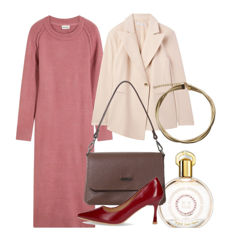 Outfit donna - Tocco rosa. Stile Bon Ton per Ufficio. Abbinamento con vestiti, profumi, blazer, collane, borse a tracolla, décolleté.