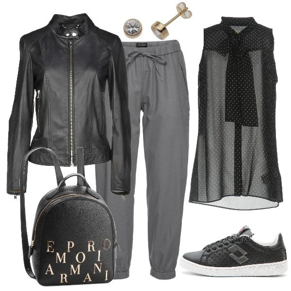 Outfit donna - Total look #226375. Abbinamento con pantaloni, blusa con fiocco fantasia senza maniche con laccetti crêpe, giubbotto collo coreana a maniche lunghe con zip interno foderato tinta unita, sneakers glitter nero, zaino maxi con zip oro, orecchini in oro giallo.