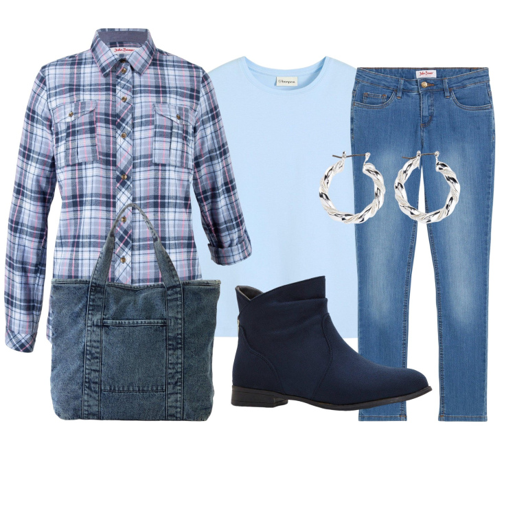 Outfit donna - Neutrale con Bonprix. Stile Basic per Tutti i giorni. Abbinamento con t-shirt, camicie, shopping bag, jeans skinny, orecchini, stivaletti.