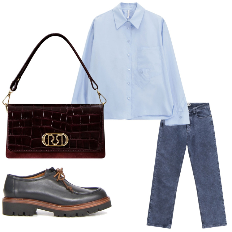 Outfit donna - Minimal in ufficio. Stile Casual per Ufficio. Abbinamento con jeans dritti, borse a mano, camicie, mocassini.