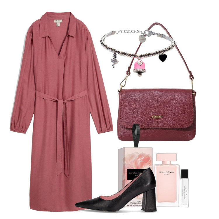 Outfit donna - Corallo rosa. Stile Bon Ton per Ufficio. Abbinamento con vestiti midi/longuette, profumi, borse a tracolla, braccialetti, décolleté.