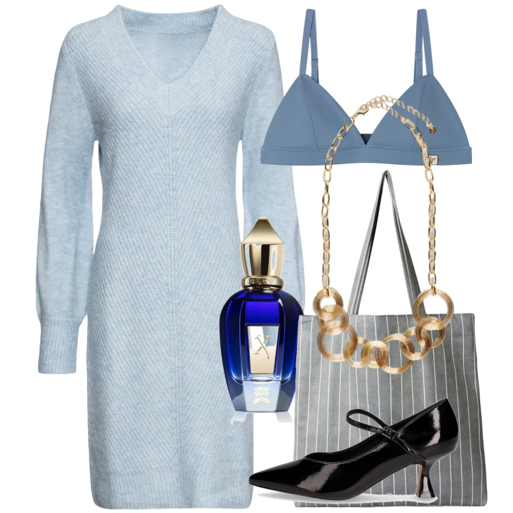 Outfit donna - Azzurro ad ottobre. Stile Bon Ton per Ufficio. Abbinamento con vestiti, profumi, shopping bag, reggiseni, collane, décolleté.