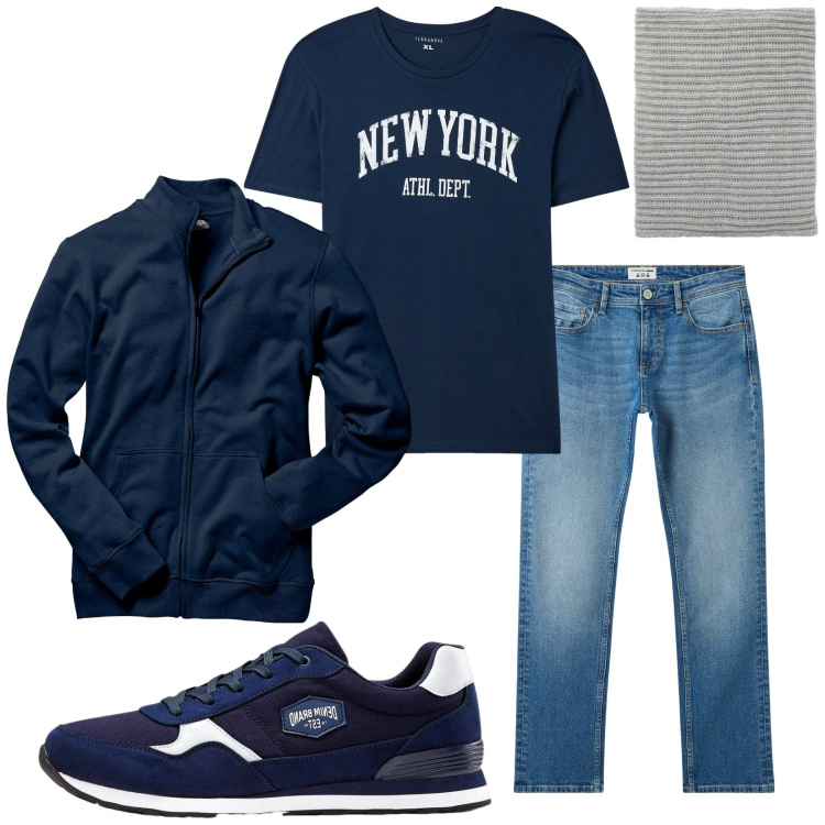 Outfit uomo - Total look #2263762. Stile Casual per Tutti i giorni. Abbinamento con felpe, sneakers, jeans, t-shirt, scaldacollo.