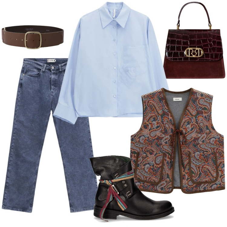 Outfit donna - Total look #2263763. Stile Casual chic per Tutti i giorni. Abbinamento con jeans dritti, gilet, cinture, borse a mano, camicie, anfibi.