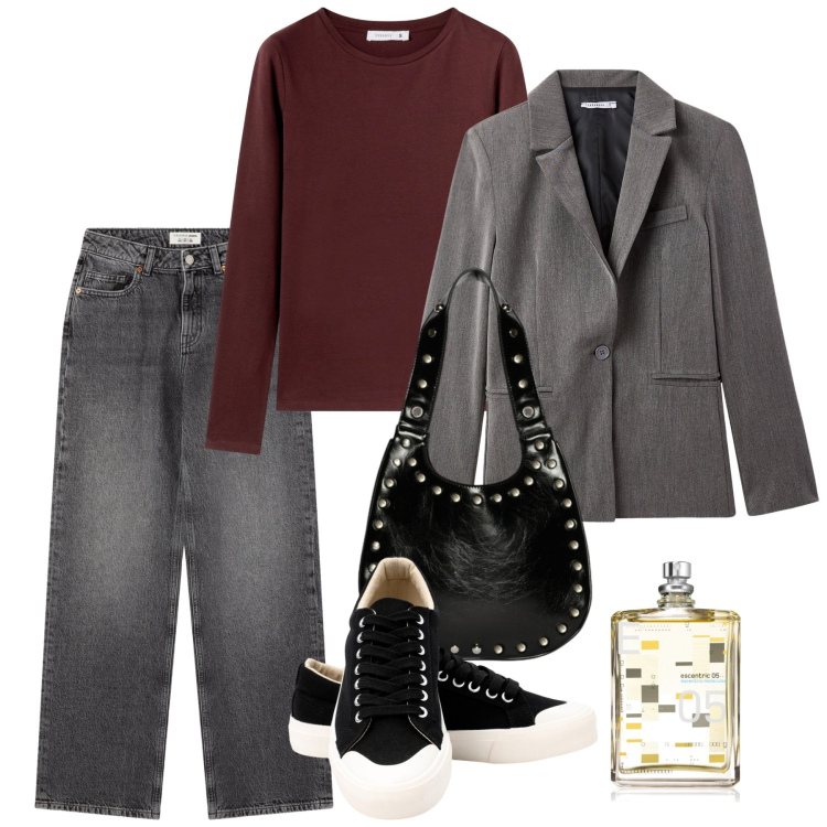 Outfit donna - Ottobre. Stile Casual per Tutti i giorni. Abbinamento con profumi, blazer, jeans, t-shirt, borse a spalla, sneakers.