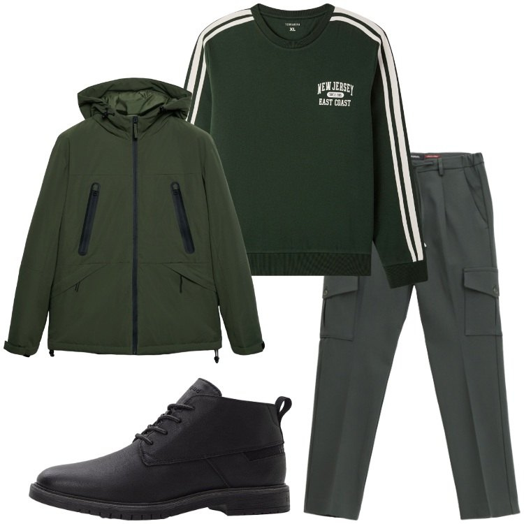 Outfit uomo - Ottobre in verde. Stile Trendy per Tutti i giorni. Abbinamento con stivali e stivaletti, giacche, felpe sportive, pantaloni cargo.
