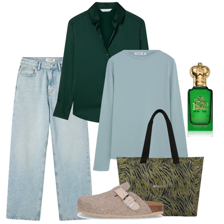 Outfit donna - Pomeriggio in libertà. Stile Casual per Tutti i giorni. Abbinamento con profumi, camicie, jeans, t-shirt, shopping bag, sabot.