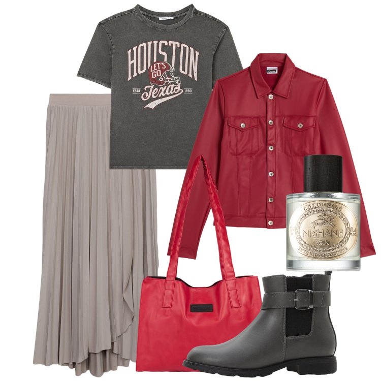 Outfit donna - Red touch. Stile Urban per Tutti i giorni. Abbinamento con stivaletti chelsea, profumi, gonne lunghe, t-shirt, shopping bag, giacche.