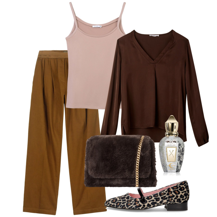 Outfit donna - Brulè. Stile Bon Ton per Tutti i giorni. Abbinamento con profumi, canottiere, bluse, borse a tracolla, pantaloni, ballerine.