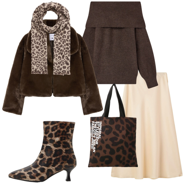 Outfit donna - Total look #2263805. Stile Chic per Serata fuori. Abbinamento con stivaletti, gonne lunghe, sciarpe, maglieria, ecopellicce, shopping bag.
