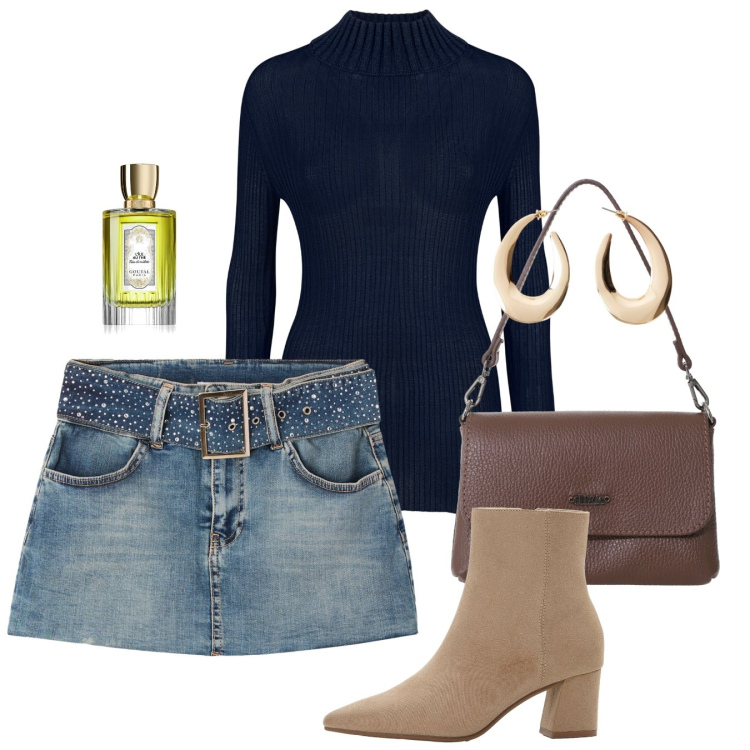 Outfit donna - Una cintura scintillante. Stile Chic per Serata fuori. Abbinamento con orecchini, stivaletti, profumi, minigonne, borse a tracolla, maglieria.